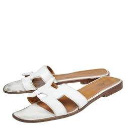 Pre Owned Hermes White Leather Oran Flats Size 41