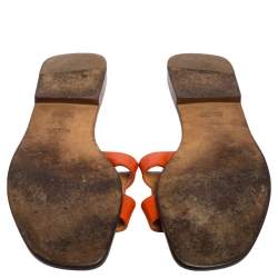 Pre Owned Hermes Orange Leather Oran Flat Slides Size 41