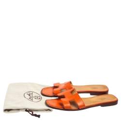 Pre Owned Hermes Orange Leather Oran Flat Slides Size 41