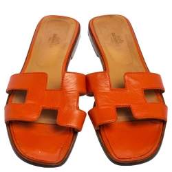 Pre Owned Hermes Orange Leather Oran Flat Slides Size 41
