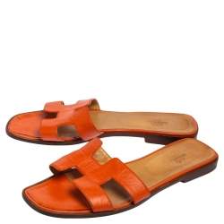 Pre Owned Hermes Orange Leather Oran Flat Slides Size 41