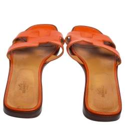 Pre Owned Hermes Orange Leather Oran Flat Slides Size 41