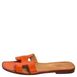Pre Owned Hermes Orange Leather Oran Flat Slides Size 41