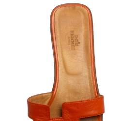 Pre Owned Hermes Orange Leather Oran Flat Slides Size 41