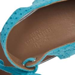 Hermes Turquoise/Silver Brogue Suede and Patent Leather Ankle Wrap Sandals Size 38