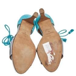 Hermes Turquoise/Silver Brogue Suede and Patent Leather Ankle Wrap Sandals Size 38