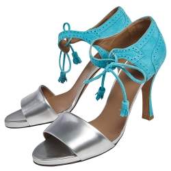 Hermes Turquoise/Silver Brogue Suede and Patent Leather Ankle Wrap Sandals Size 38