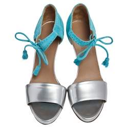 Hermes Turquoise/Silver Brogue Suede and Patent Leather Ankle Wrap Sandals Size 38
