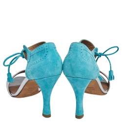 Hermes Turquoise/Silver Brogue Suede and Patent Leather Ankle Wrap Sandals Size 38