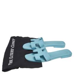 Pre Owned Hermes Blue Leather Oran Flats Sandals Size 37 