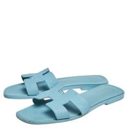 Pre Owned Hermes Blue Leather Oran Flats Sandals Size 37 