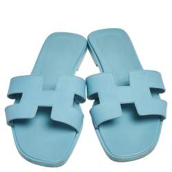 Pre Owned Hermes Blue Leather Oran Flats Sandals Size 37 