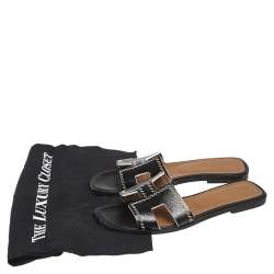 Pre Owned Hermes Black Textured Leather Cut Out Detail Oran Sandals Size 39