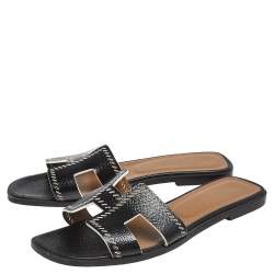 Pre Owned Hermes Black Textured Leather Cut Out Detail Oran Sandals Size 39