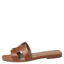 Pre Owned Hermes Gold Leather Oran Flat Slides Size 38