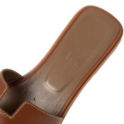 Pre Owned Hermes Gold Leather Oran Flat Slides Size 38