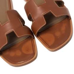 Pre Owned Hermes Gold Leather Oran Flat Slides Size 38