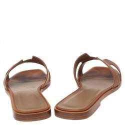 Pre Owned Hermes Gold Leather Oran Flat Slides Size 38
