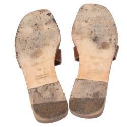 Pre Owned Hermes Gold Leather Oran Flat Slides Size 38