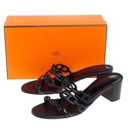 Pre Owned Hermes Black Leather Tandem Slide Sandals Size 40.5