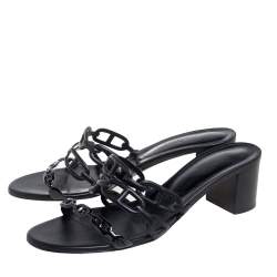 Pre Owned Hermes Black Leather Tandem Slide Sandals Size 40.5