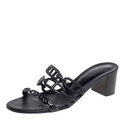 Pre Owned Hermes Black Leather Tandem Slide Sandals Size 40.5