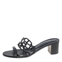 Pre Owned Hermes Black Leather Tandem Slide Sandals Size 40.5
