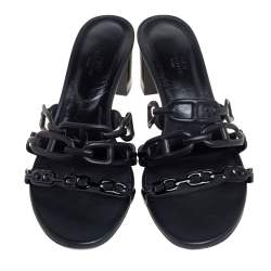 Pre Owned Hermes Black Leather Tandem Slide Sandals Size 40.5