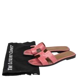 Pre Owned Hermes Pink Lizard Embossed Leather Oran  Sandals Size 36