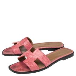 Pre Owned Hermes Pink Lizard Embossed Leather Oran  Sandals Size 36