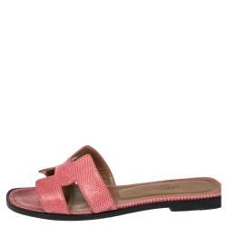 Pre Owned Hermes Pink Lizard Embossed Leather Oran  Sandals Size 36