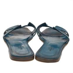 Pre Owned Hermes Green Leather Oran Flats Sandals Size 38