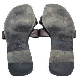 Pre Owned Hermes Metallic Grey Leather Oran Flat Slides Size 37