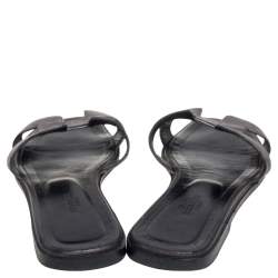 Pre Owned Hermes Metallic Grey Leather Oran Flat Slides Size 37