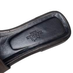 Pre Owned Hermes Metallic Grey Leather Oran Flat Slides Size 37