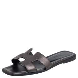 Pre Owned Hermes Metallic Grey Leather Oran Flat Slides Size 37