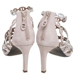  Hermes Silver/Beige  Suede And Leather Chaine D'Ancre Sandals  Size 37
