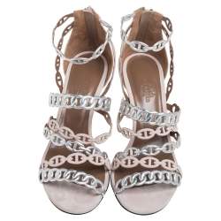  Hermes Silver/Beige  Suede And Leather Chaine D'Ancre Sandals  Size 37