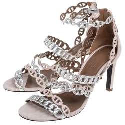  Hermes Silver/Beige  Suede And Leather Chaine D'Ancre Sandals  Size 37