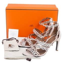 Hermes Silver/Beige  Suede And Leather Chaine D'Ancre Sandals  Size 37