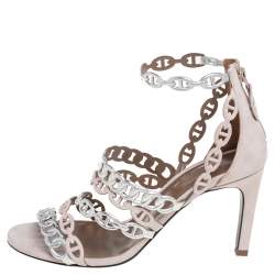 Hermes Silver/Beige  Suede And Leather Chaine D'Ancre Sandals  Size 37