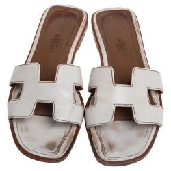 Hermes White Leather Oran Flat Sandals 35