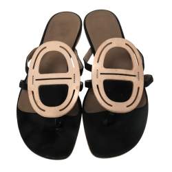 Hermes  Black Leather And Suede  Galet Chaine D'Ancre Flat Sandals Size 38