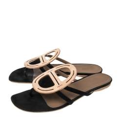 Hermes  Black Leather And Suede  Galet Chaine D'Ancre Flat Sandals Size 38