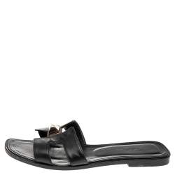 Hermes Black Leather Medor Pyramid Oran Flat Slides Size 38.5
