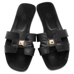 Hermes Black Leather Medor Pyramid Oran Flat Slides Size 38.5
