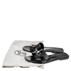 Hermes Black Leather Medor Pyramid Oran Flat Slides Size 38.5