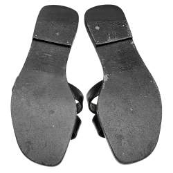 Hermes Black Leather Medor Pyramid Oran Flat Slides Size 38.5
