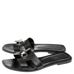 Hermes Black Leather Medor Pyramid Oran Flat Slides Size 38.5
