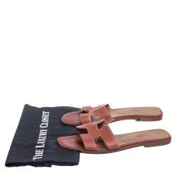 Pre Owned Hermes Brown Leather Oran Flats Size 37.5